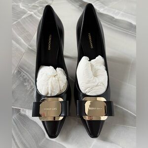 Salvatore Ferragamo Black Pumps with Gold Plaque Bow